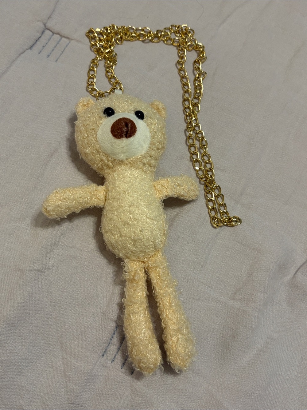 🔴 Cream Teddy Pendant Necklace Gold Tone Chain Kids Plush Accessory bag charm
